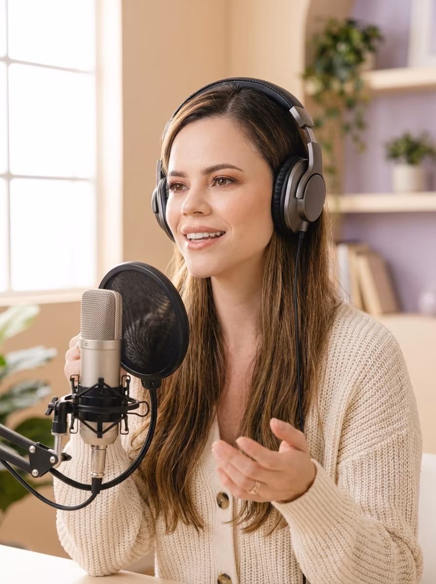 Daniela Quiroga grabando el psicoflix Vital Emoción con audífonos profesionales.
